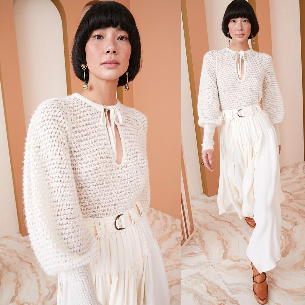 Ulla Johnson Lara Baby Alpaca Blend Open Knit Pullover Sweater Porcelain P